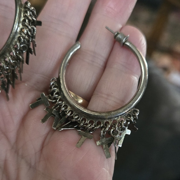 Dolls Kill Silver Hoop Earrings with Cross Charms - Picture 3 of 6